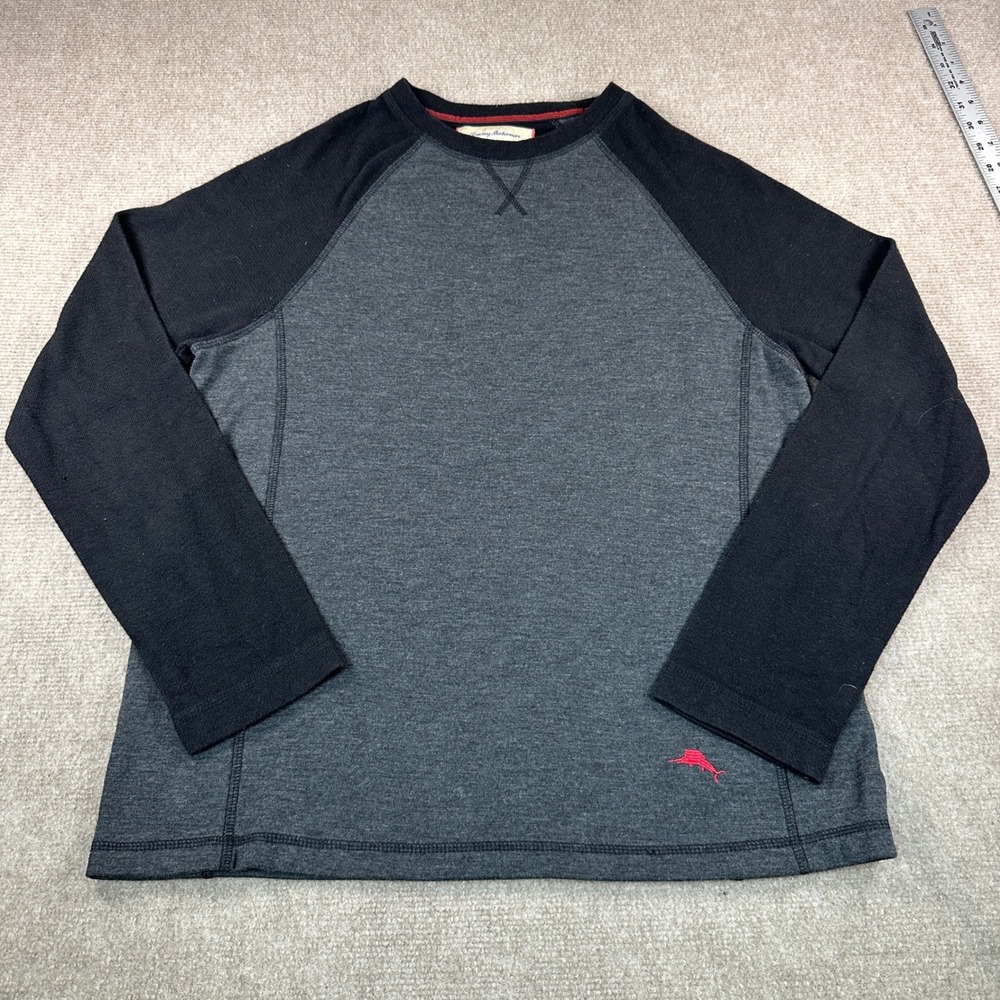 Tommy Bahama Mens Small Raglan Long Sleeve Pullover Grey Black Marlin Logo